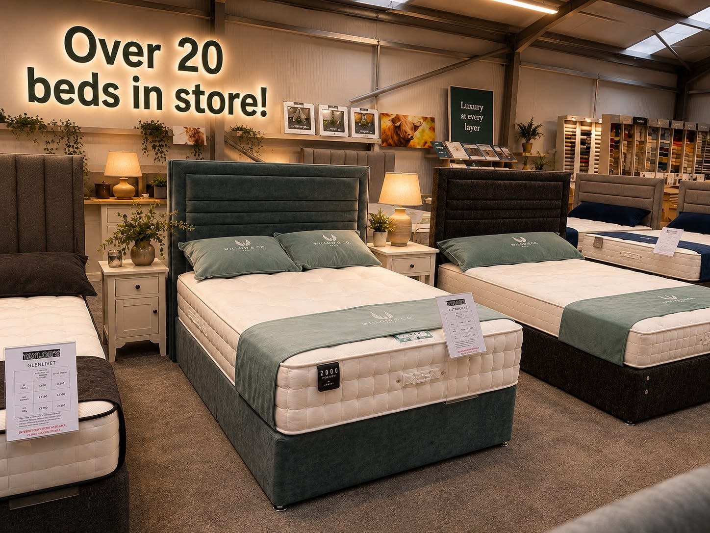 Divan beds with teal and grey headboards in the Keith showroom, with over 20 beds in stock
