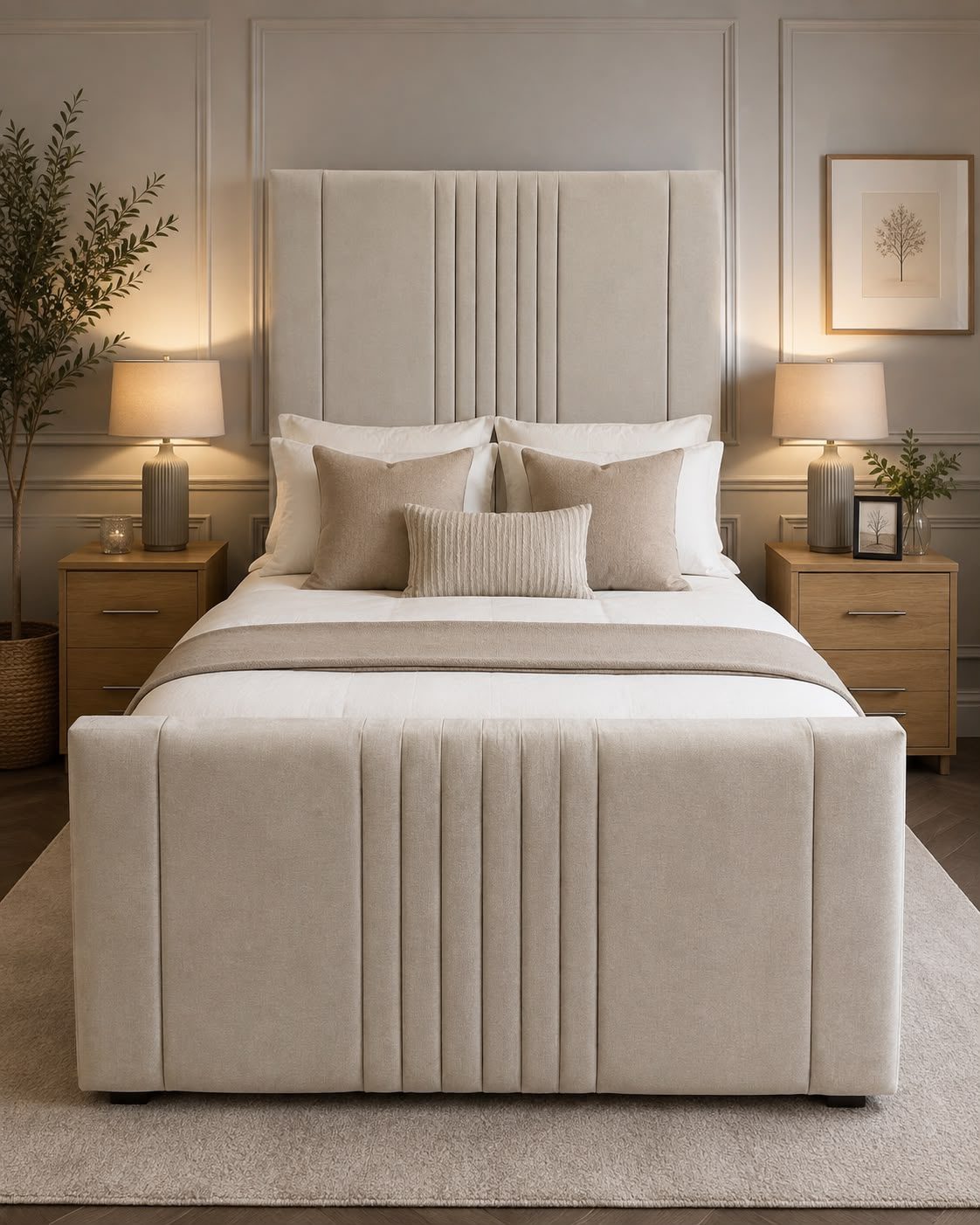 Tall panelled beige upholstered headboard and footboard bed set in neutral bedding