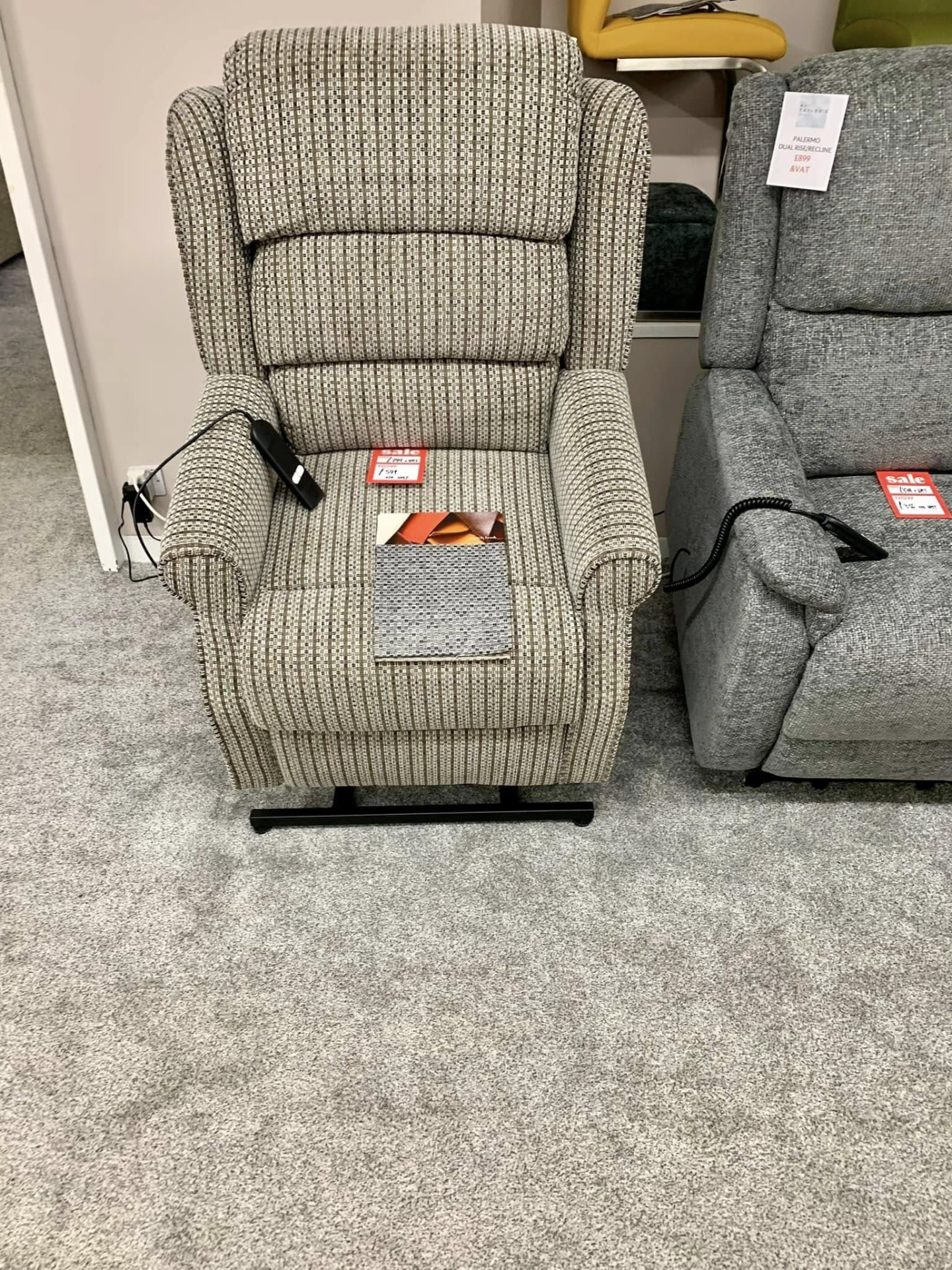 Beige check riser recliner armchair with handset control, available to try in Keith