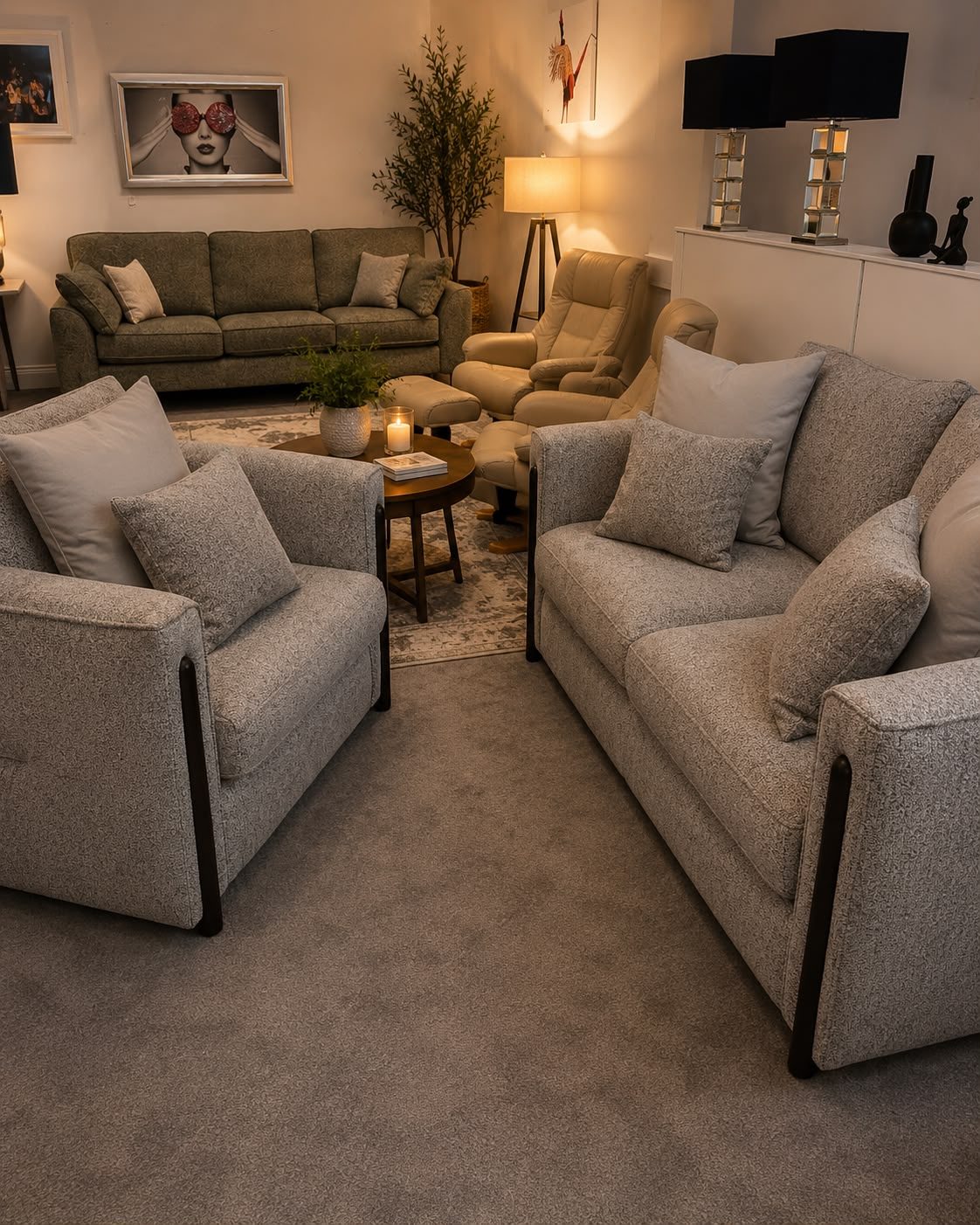 Grey patterned sofa and matching armchairs arranged as a cosy lounge setting