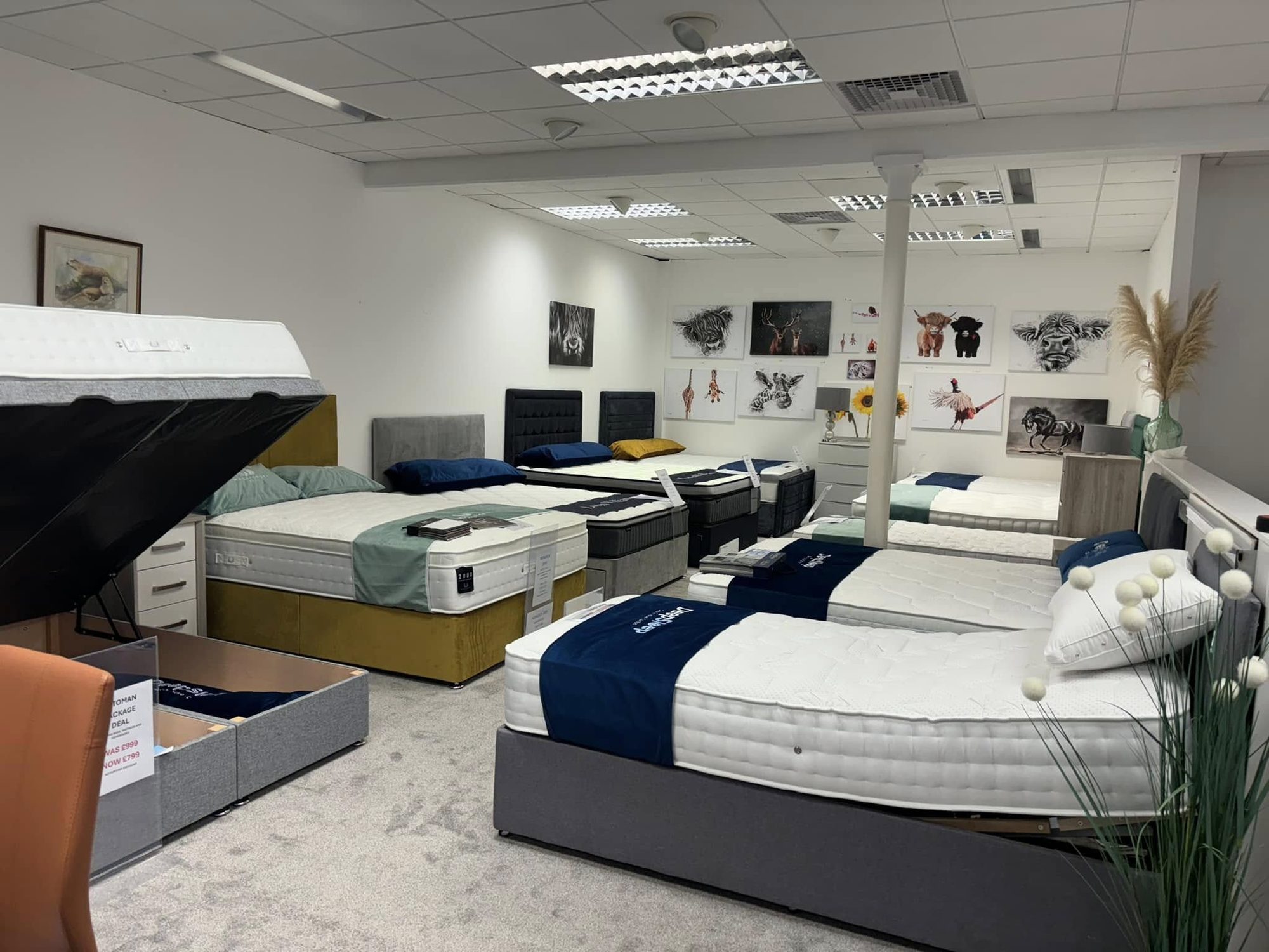 Mattress and divan bed showroom floor in Keith, including an open ottoman storage bed base
