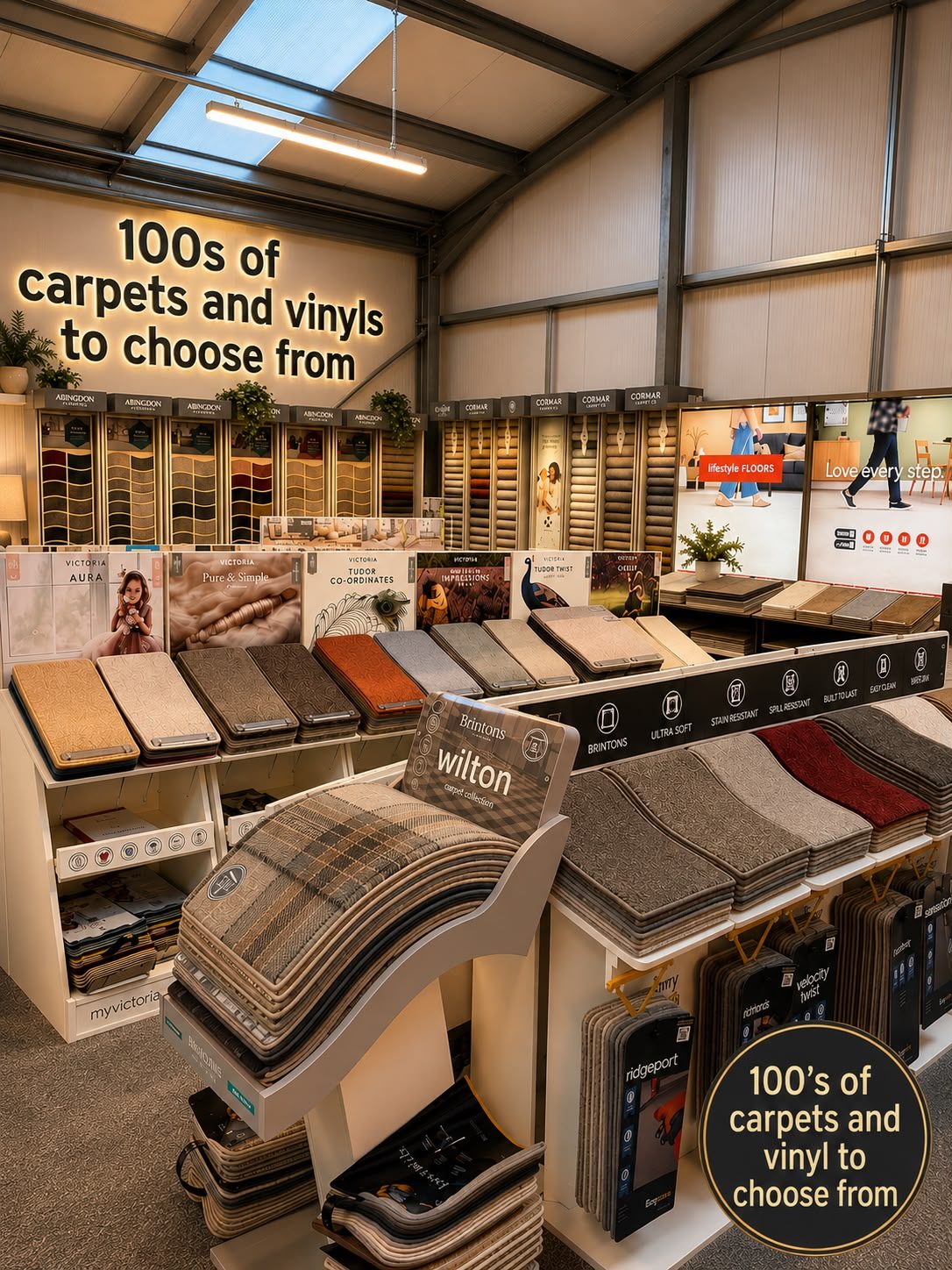 Hundreds of carpet and vinyl samples on racks in the Taylor's of Keith flooring showroom