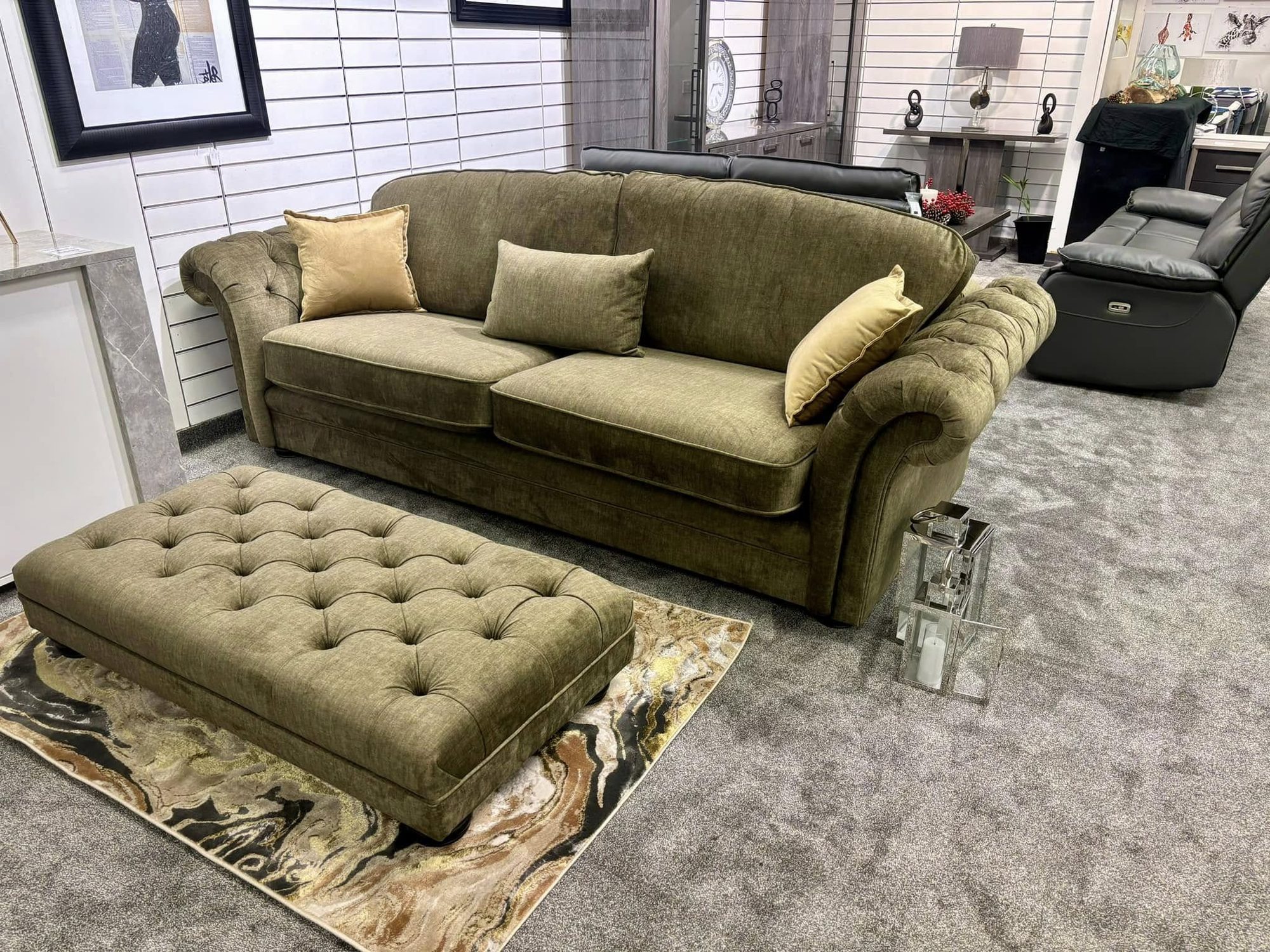 Olive green velvet Chesterfield sofa with matching footstool