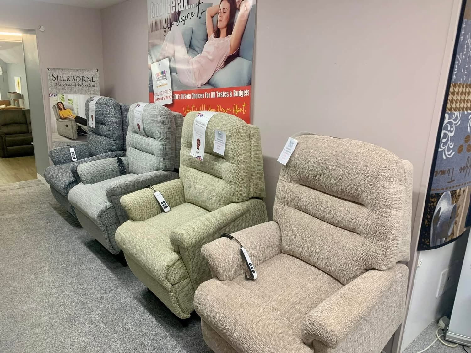 Sherborne riser recliner chairs in neutral and green fabrics on display in Keith
