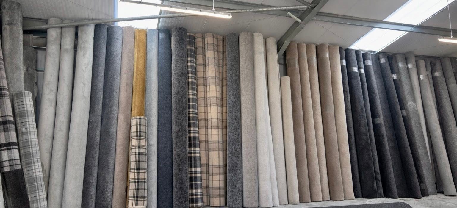 Wide view of the carpet roll stock in Keith, including traditional tartan carpet