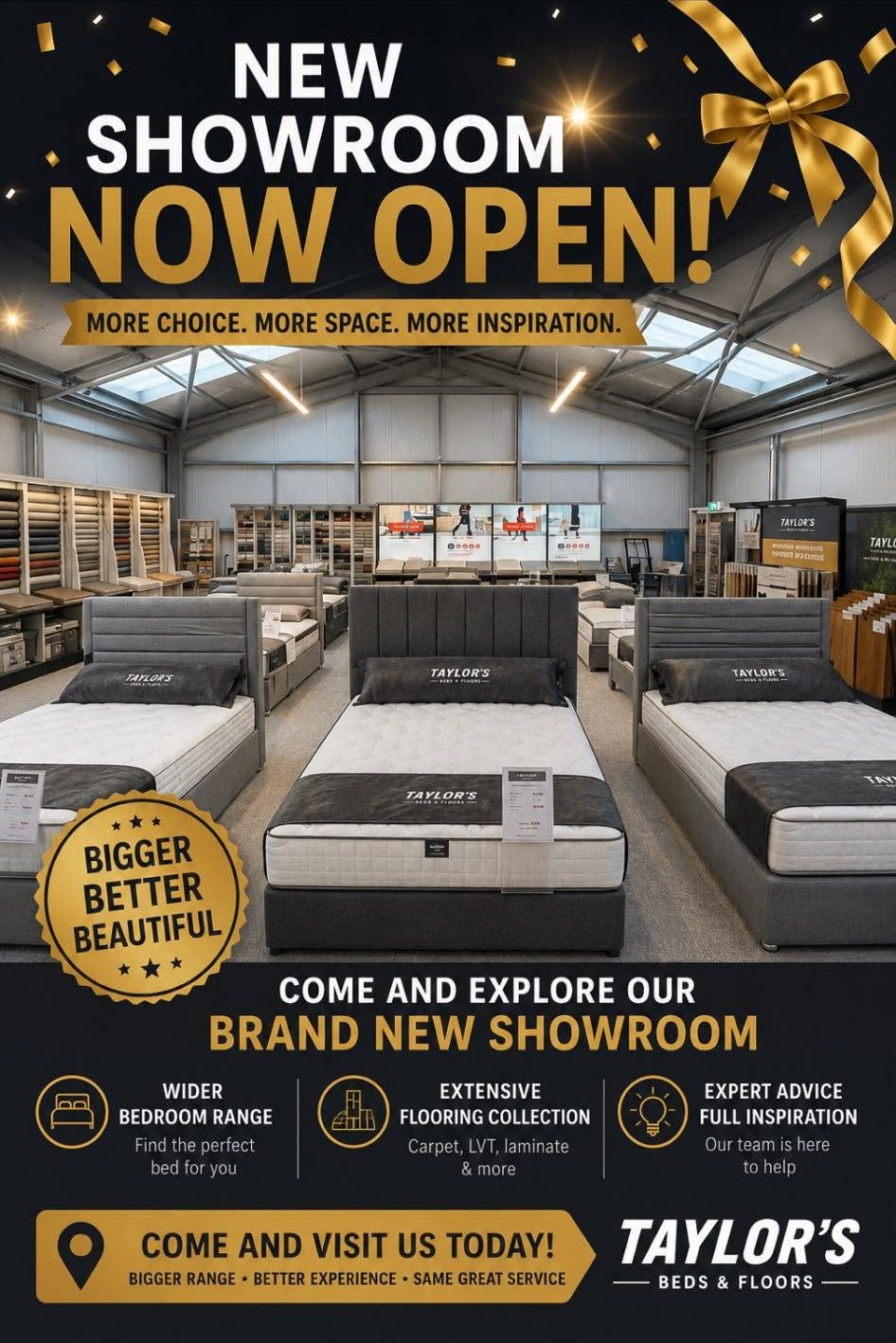 New Taylor's showroom now open in Keith, with beds, mattresses and a wide flooring display